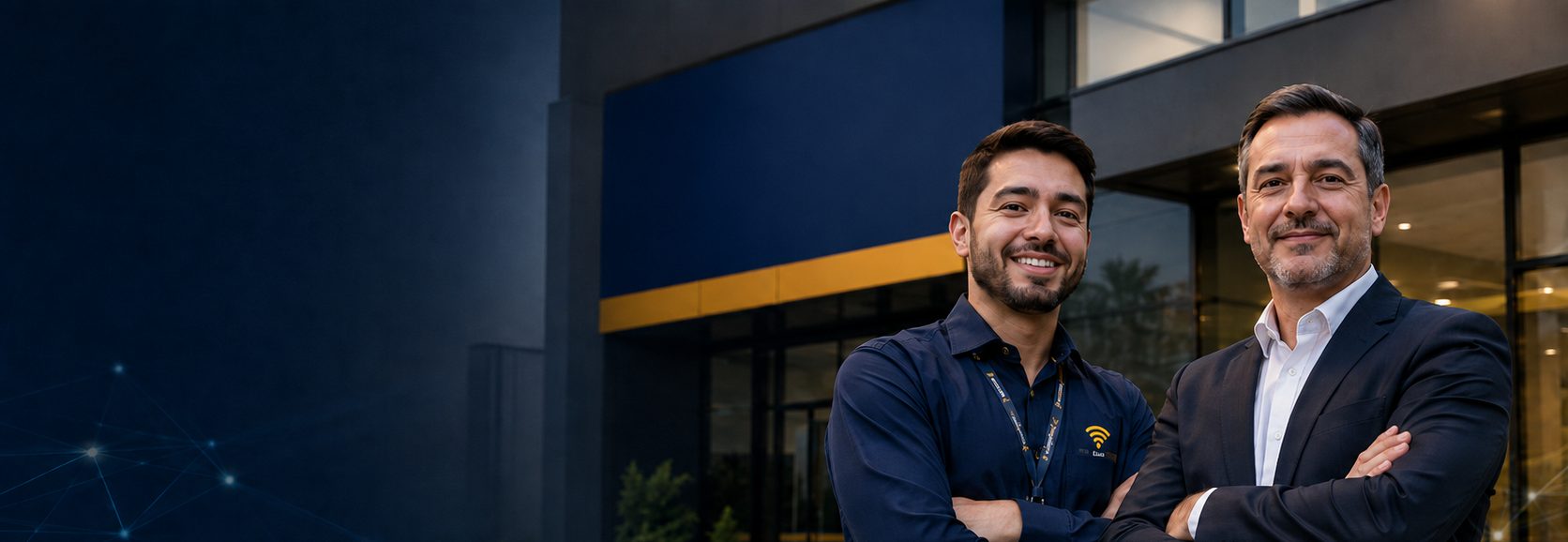 Consultor da Palmasnet e um empresário em frente à sede da empresa — atendimento Palmasnet Empresas